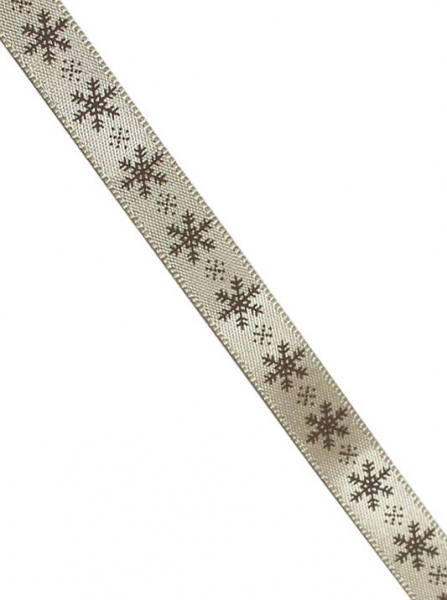 Geschenkband puderig/beige mit braunen Schneeflocken 10mm, 90m